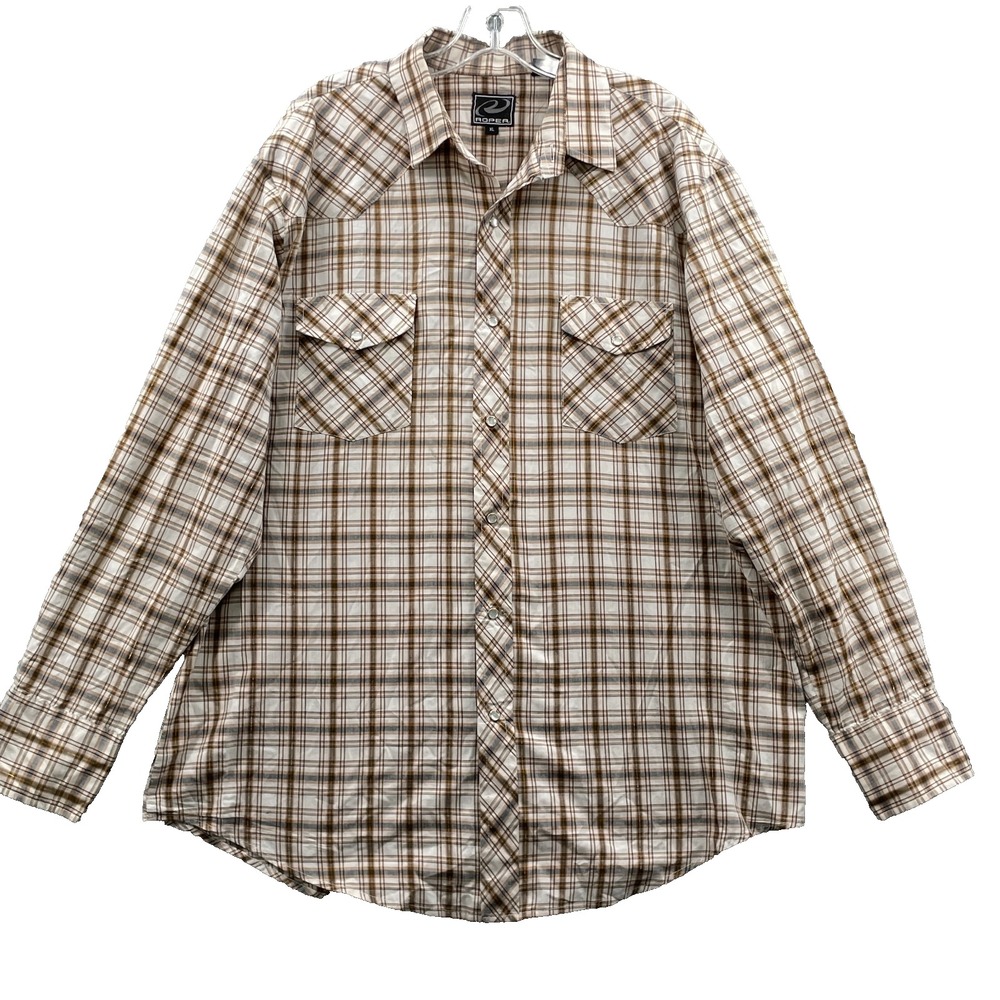Roper Western Pearl Snap Shirt Men's XL Brown Plaid Cowboy Rodeo Ranch Workwear